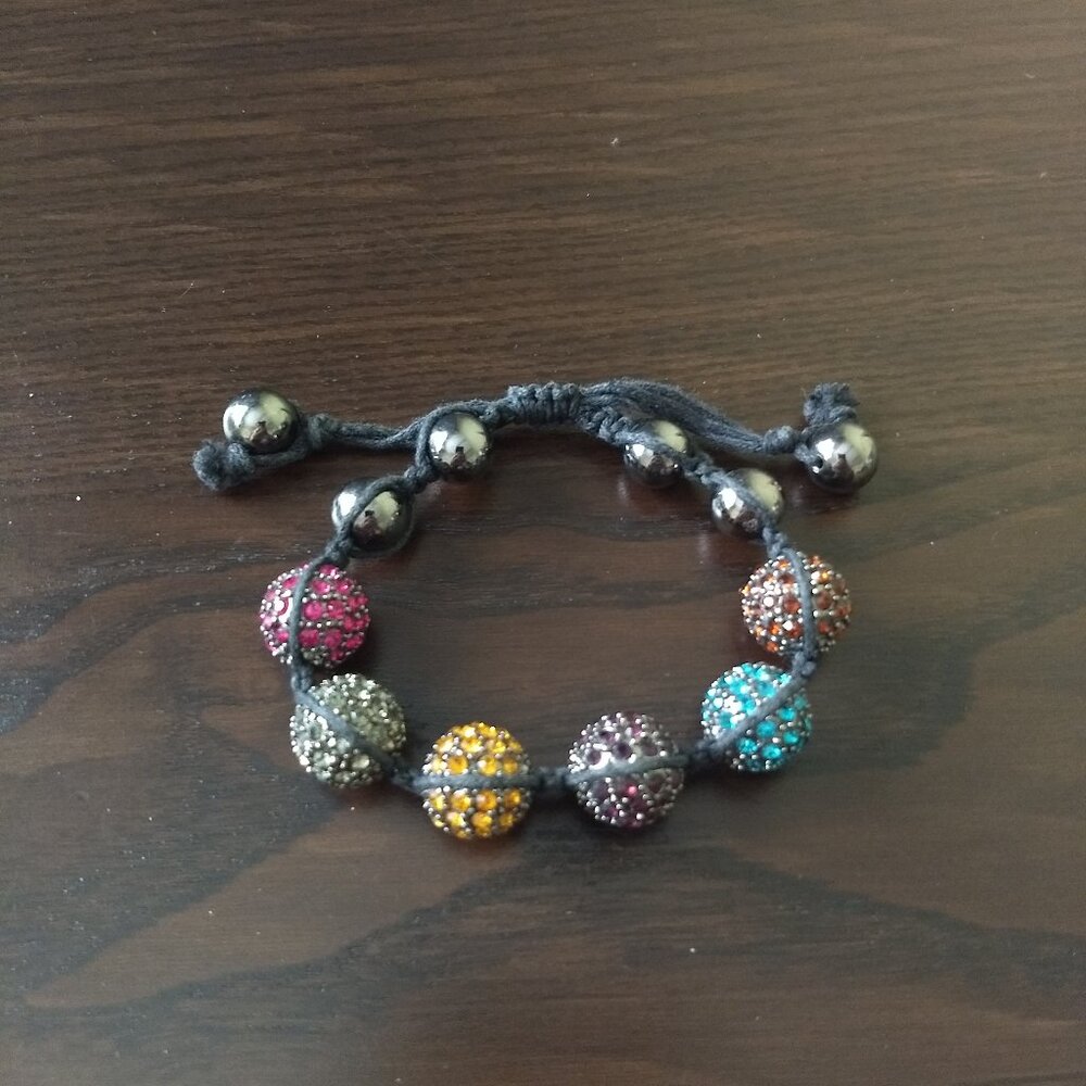 Round Crystal Bedazzled Beads Black Cord Adjustable Bracelet Rainbow Multicolor